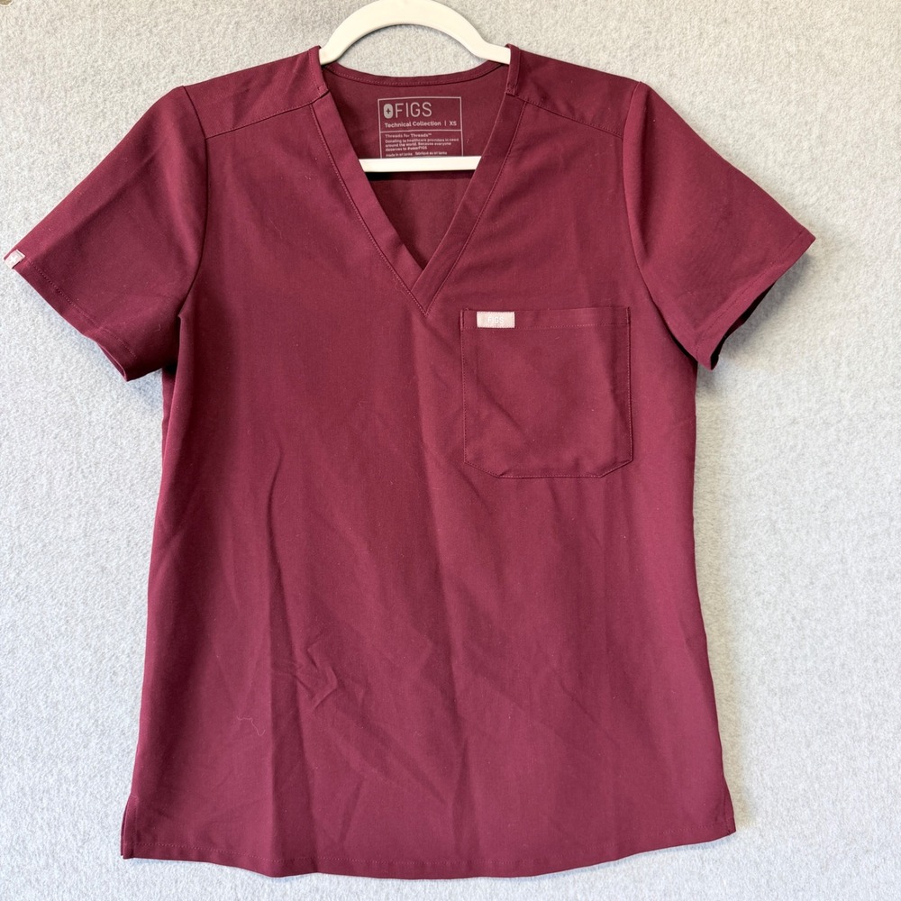 FIGS Technical Collection Burgundy V-Neck Scrub Top Womens XS Maroon